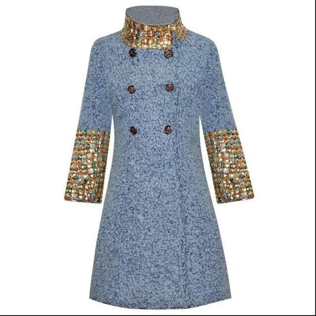 Women Stand Up Collar 3/4 Sleeve Heavy Diamond Short Woolen Coat Elegant Autumn And Winter Outwear New