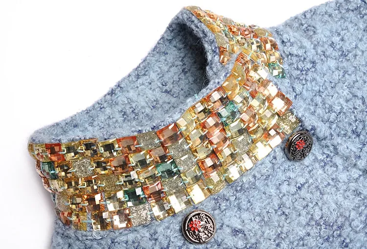 Women Stand Up Collar 3/4 Sleeve Heavy Diamond Short Woolen Coat Elegant Autumn And Winter Outwear New