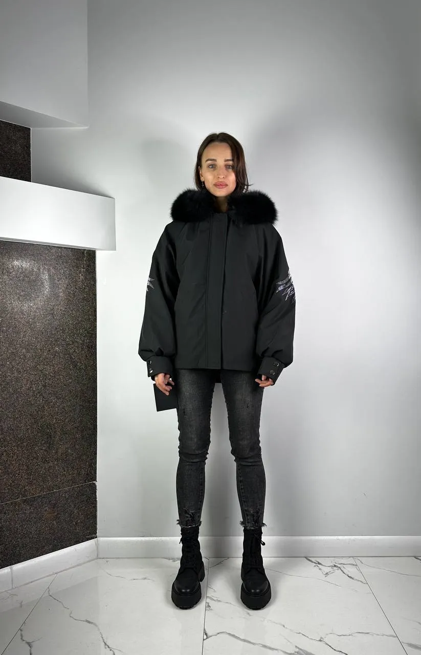 Women's Black Wings Down Jacket with fur