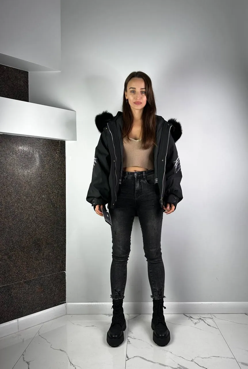 Women's Black Wings Down Jacket with fur