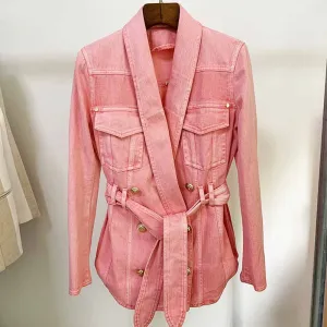 Women's Denim Jacket Lace Up Outwear Coat In Pink Purple Color