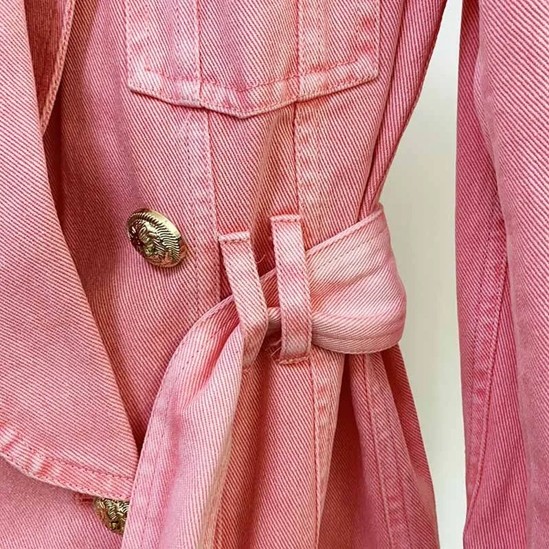 Women's Denim Jacket Lace Up Outwear Coat In Pink Purple Color