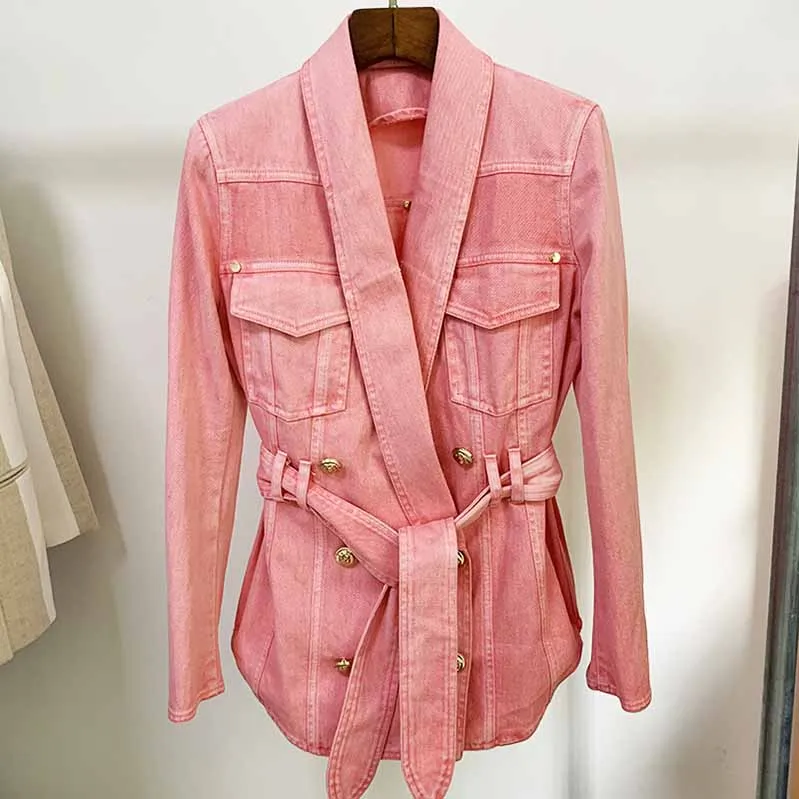 Women's Denim Jacket Lace Up Outwear Coat In Pink Purple Color