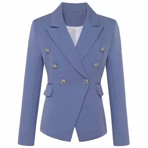 Women's Golden Lion Buttons Fitted Belted Jacket Dusty Blue Blazer