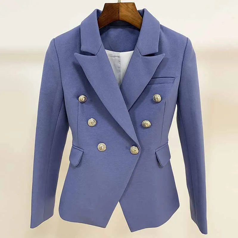Women's Golden Lion Buttons Fitted Belted Jacket Dusty Blue Blazer