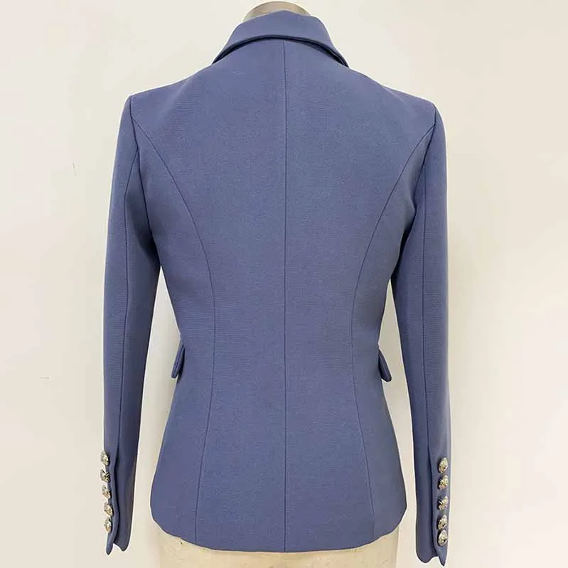 Women's Golden Lion Buttons Fitted Belted Jacket Dusty Blue Blazer