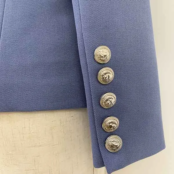 Women's Golden Lion Buttons Fitted Belted Jacket Dusty Blue Blazer