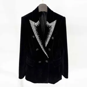 Women's Velvet Jacket with Beasted Collar Black Double Breasted Blazer