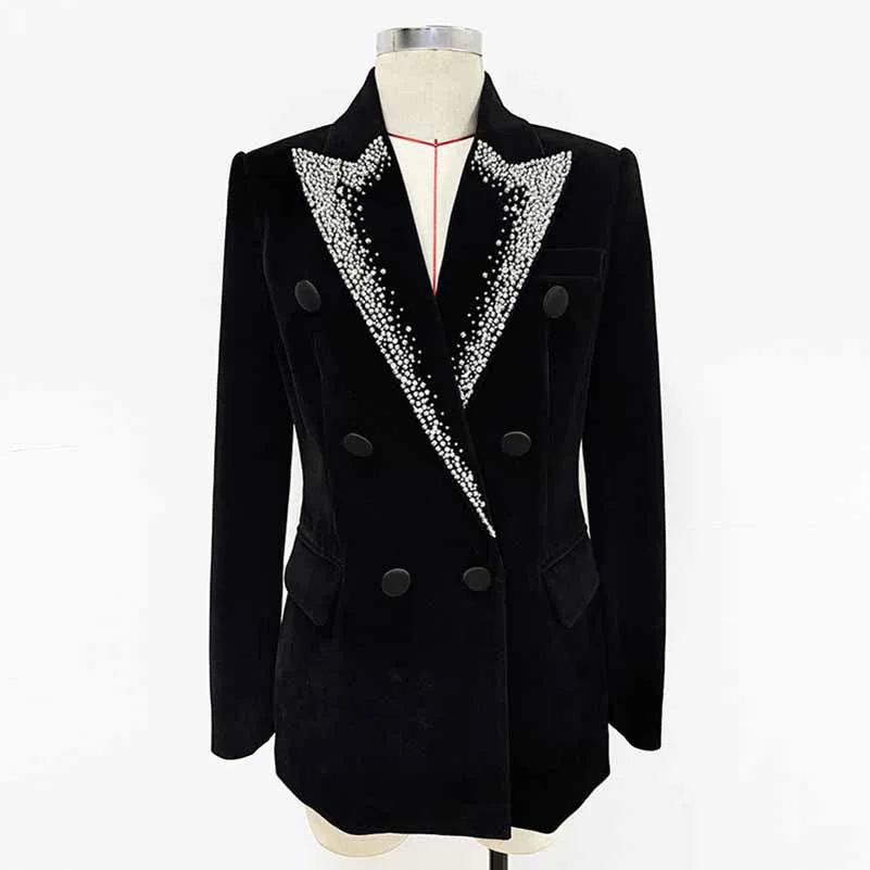Women's Velvet Jacket with Beasted Collar Black Double Breasted Blazer
