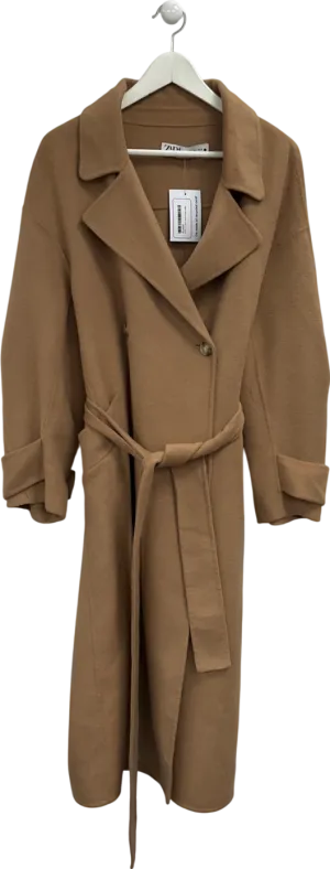 ZARA Beige Belted Wool Blend Coat UK L