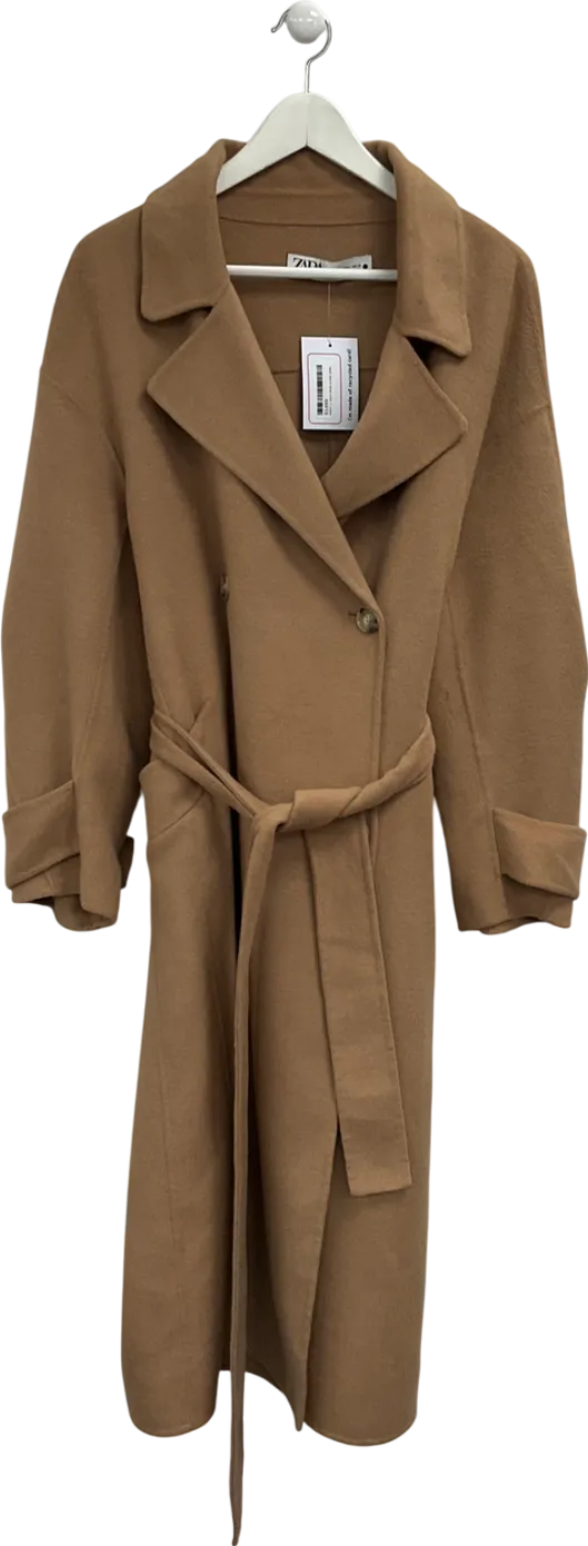 ZARA Beige Belted Wool Blend Coat UK L